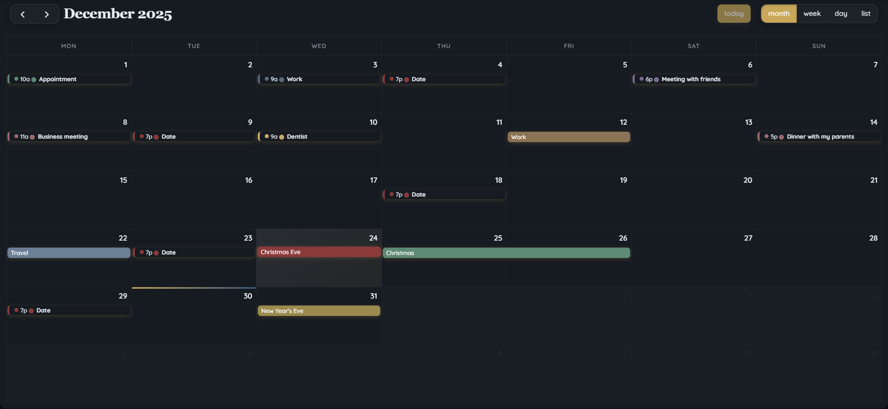 Kalendro dark mode preview